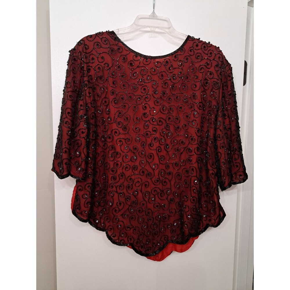 Praise Hymn Fashions Burgundy Silk Blouse Beaded Evening Party Holiday XL